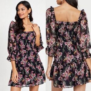 NWT Altar’d State Black Pink Floral Ruched Mini Dress M